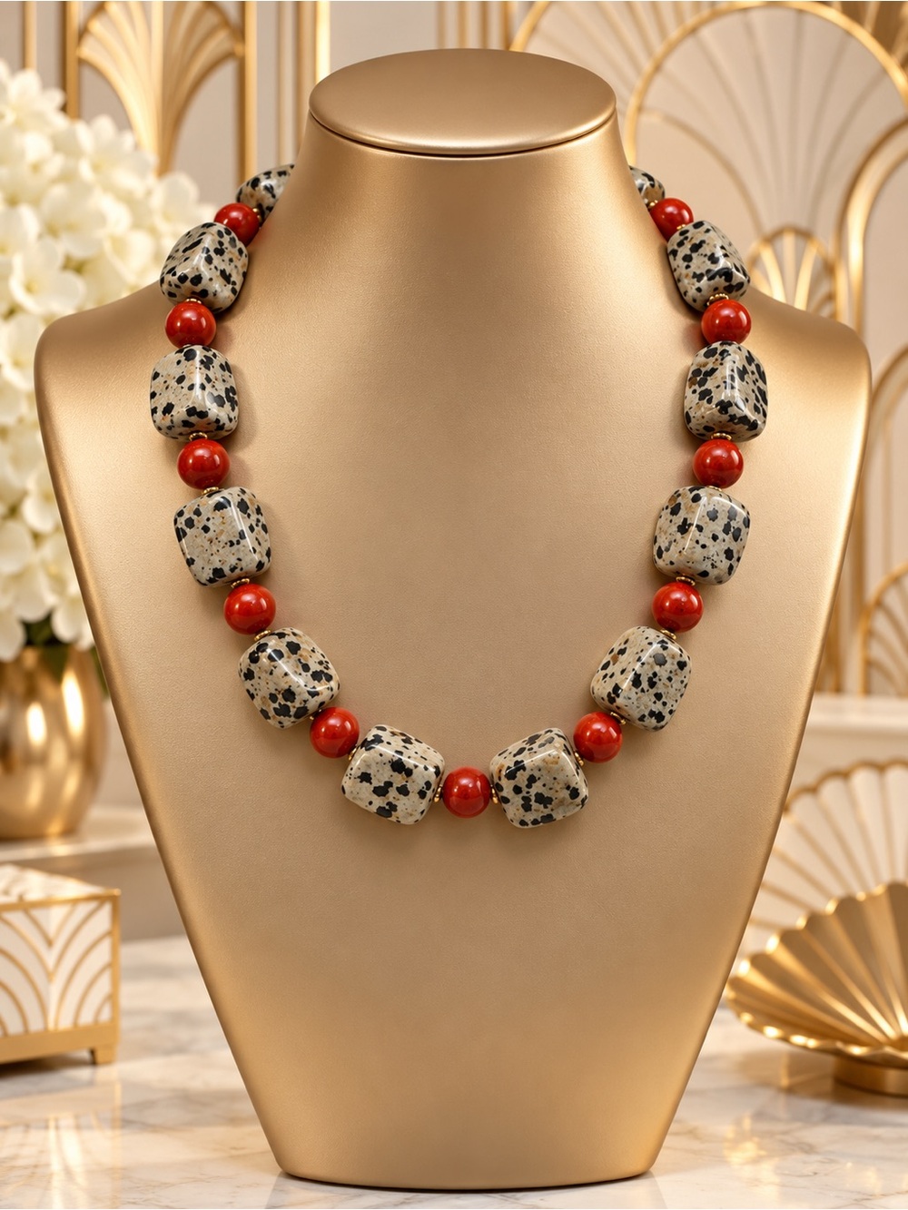 🆕🤗❤️Dalmatian Jasper and Red Cornelian Statement Necklace